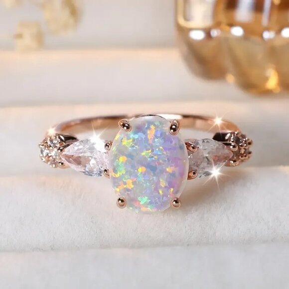 White Oval Shaped Opal Rings Ethiopian Fire Opal Engagement Ring 14K Gold plated - Picture 2 of 5